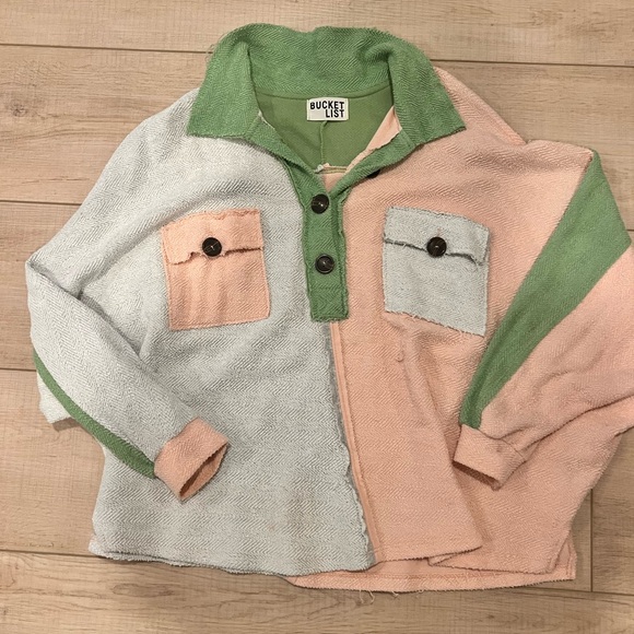 Womens bucket list green grey and pink terry pullover. Size medium - Picture 2 of 3